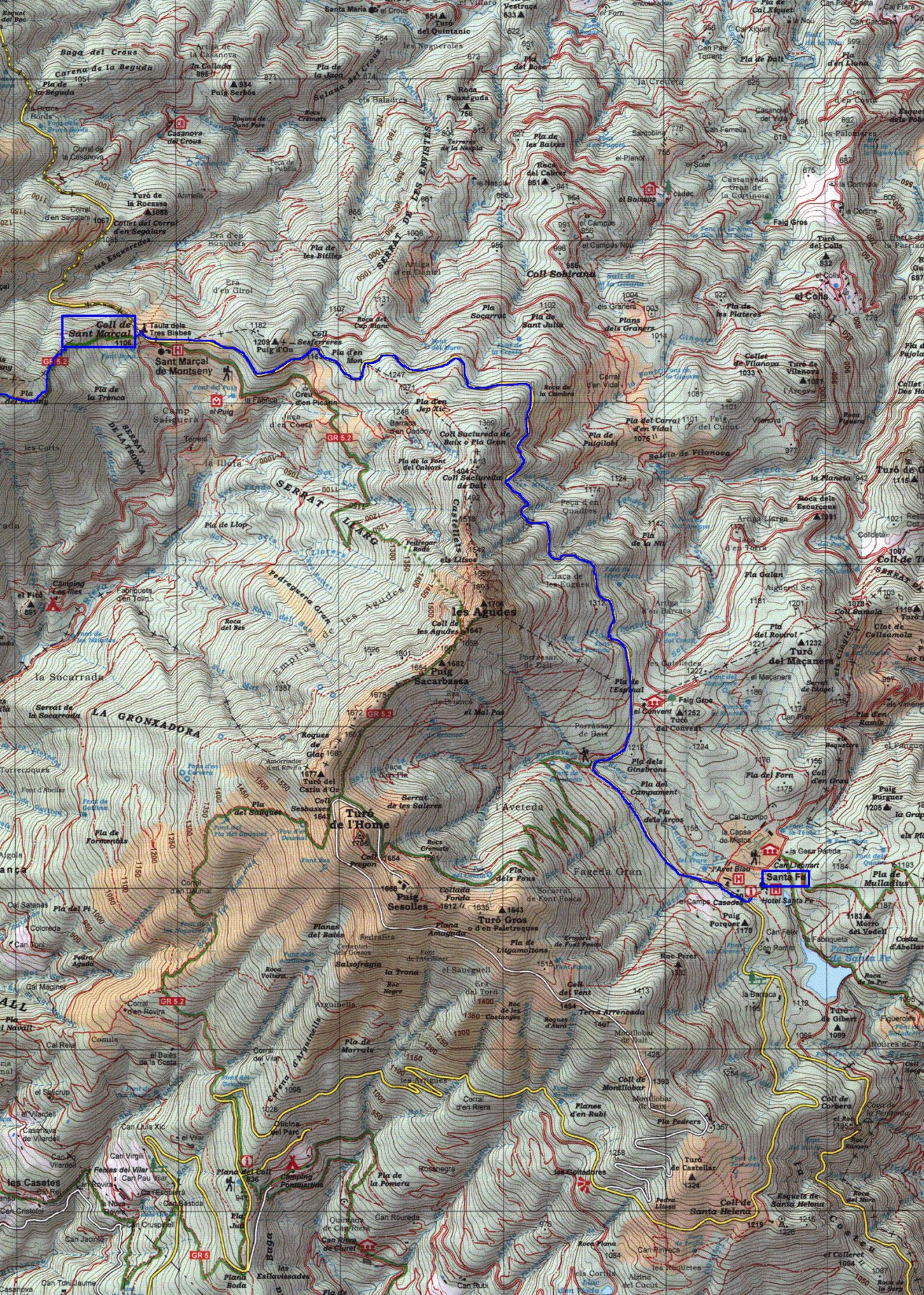 Croquis del recorrido Travesia por el Montseny 2.022. 3º parte, del Coll de Sant Marçal a Santa Fe por la carretera